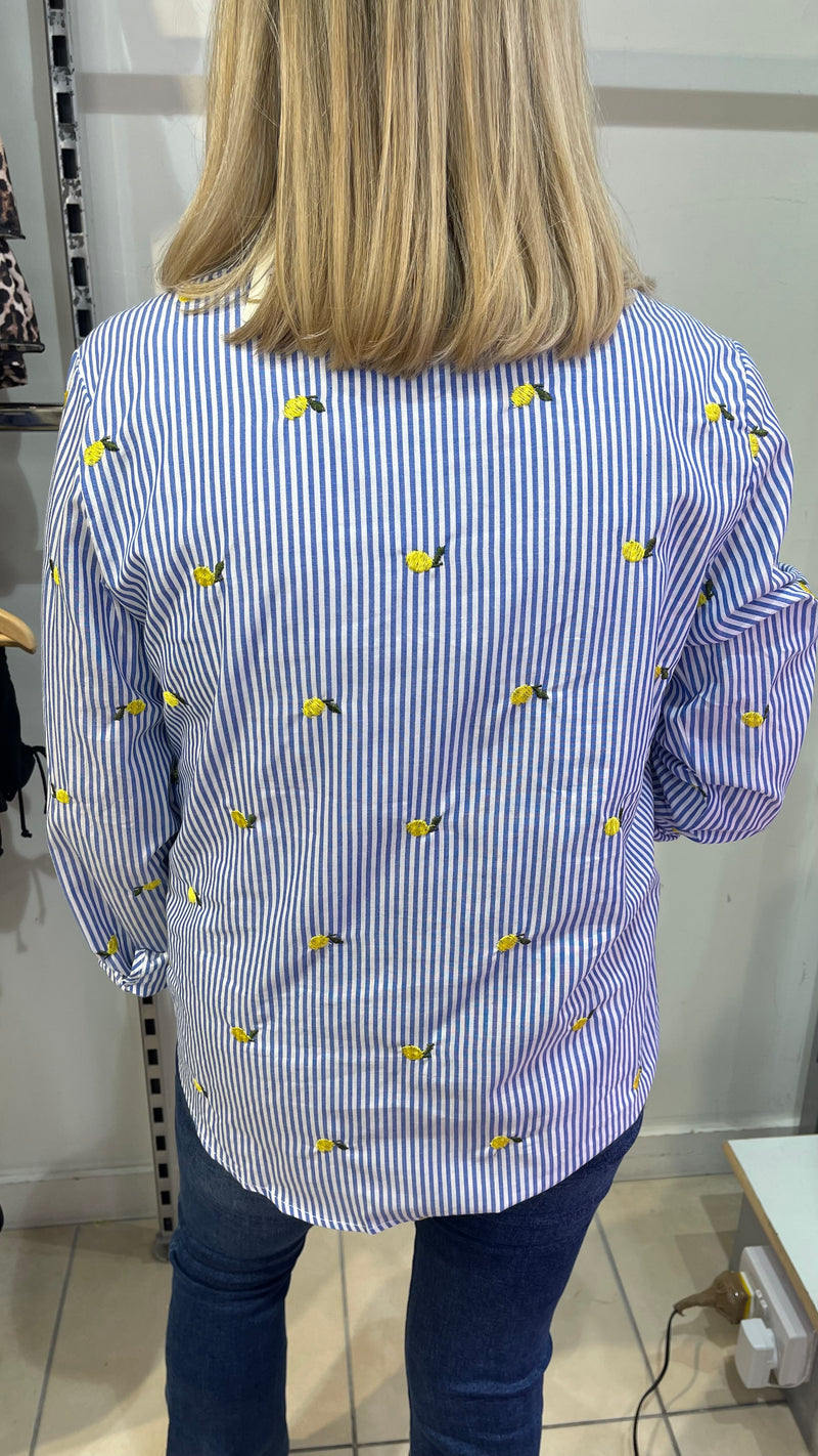 Lucy - Blue Stripe Lemon Embroidery Top