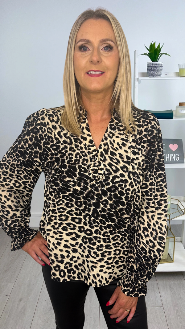 Amy - Animal Print Button Neck Top