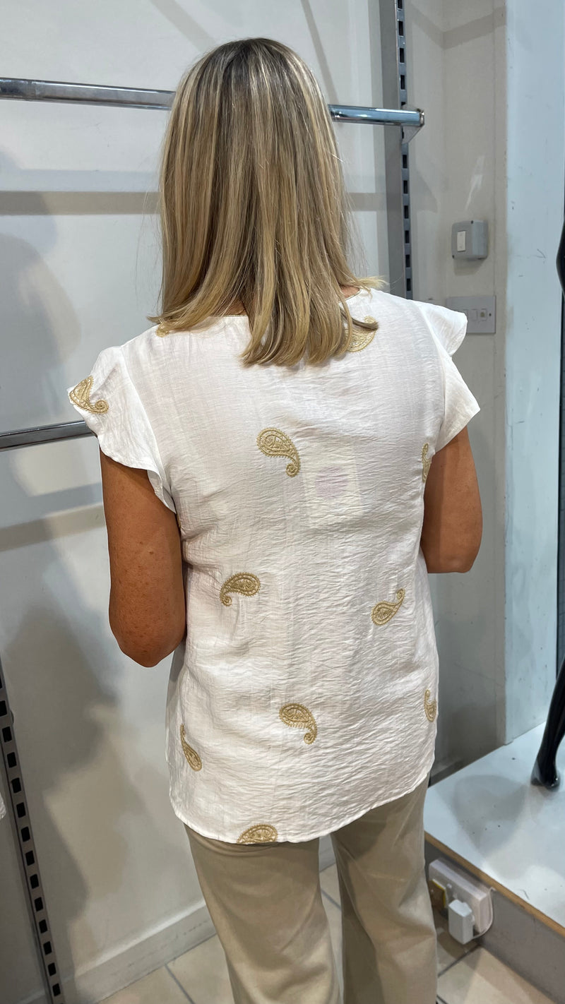 Kelda - White Paisley Embroidered Top
