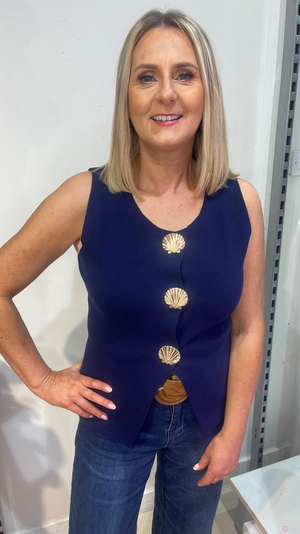 Una - Navy Gold Shell Button Knit waistcoat
