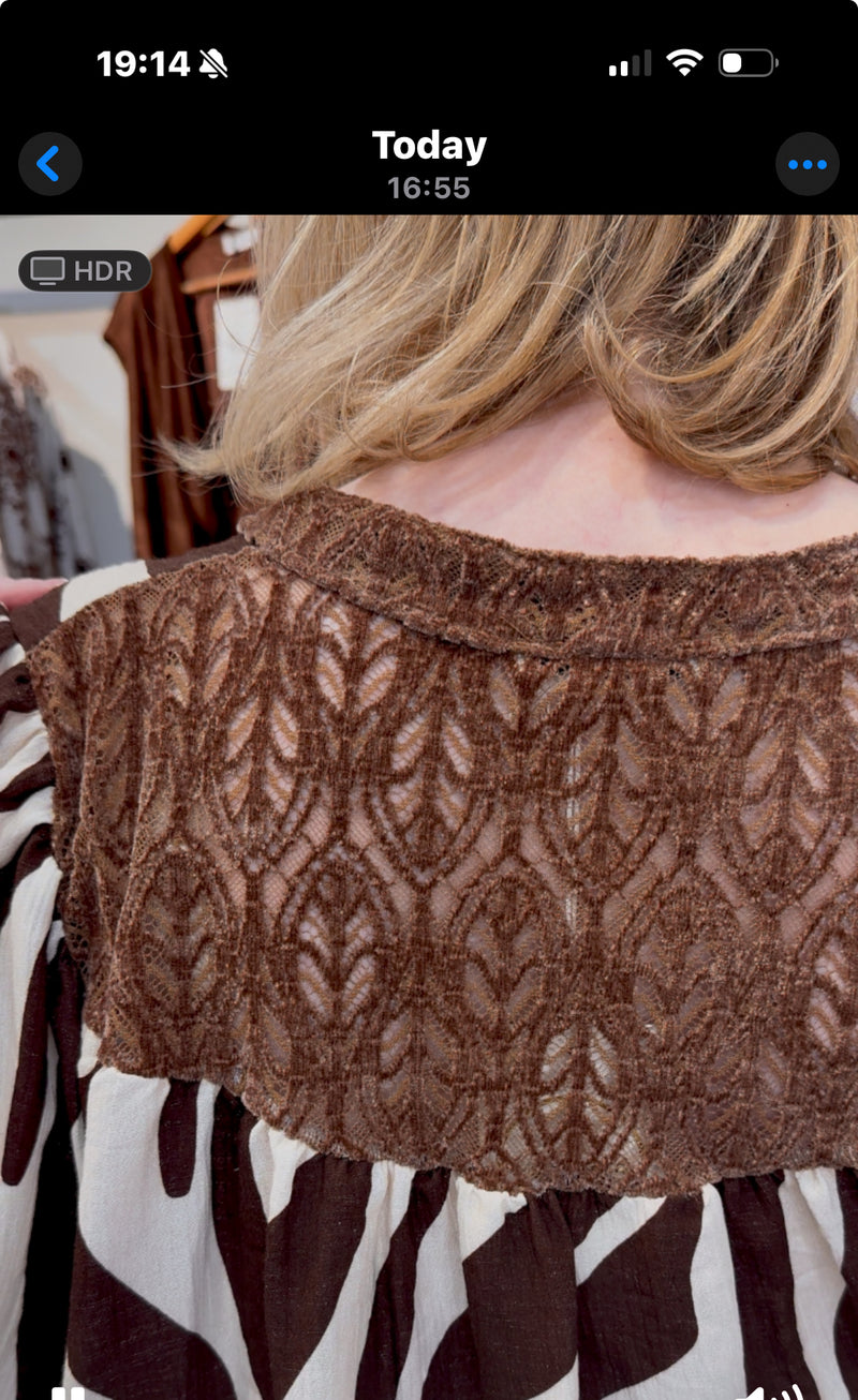 Blaithin - Cream/Chocolate Zebra Crochet Back Blouse