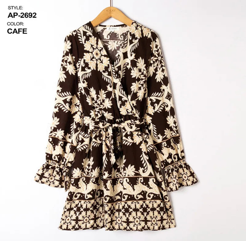 Jenny - Brown/Beige Print Belted Dress