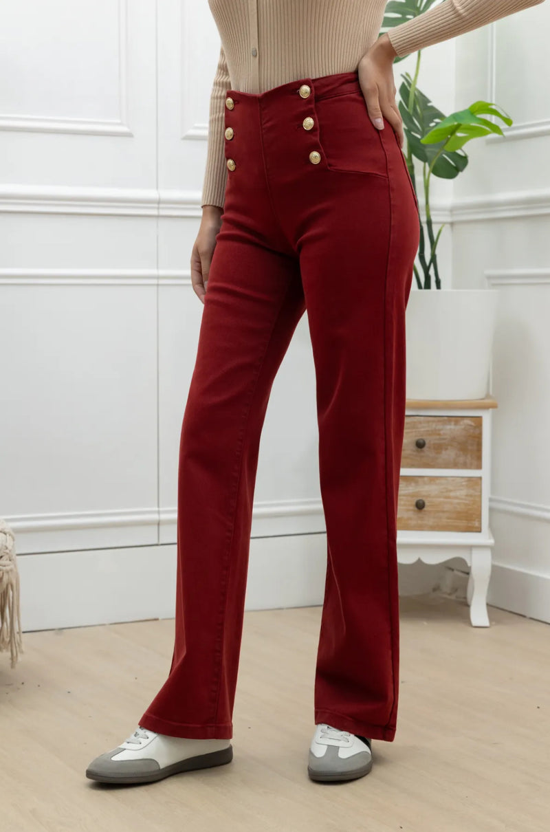 Billie - Burgundy Gold Button Detail Jean