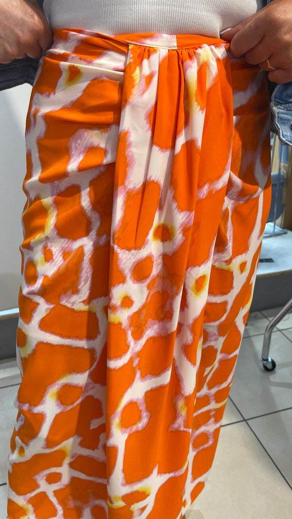 Beth - Orange Print Ruche Front Skirt