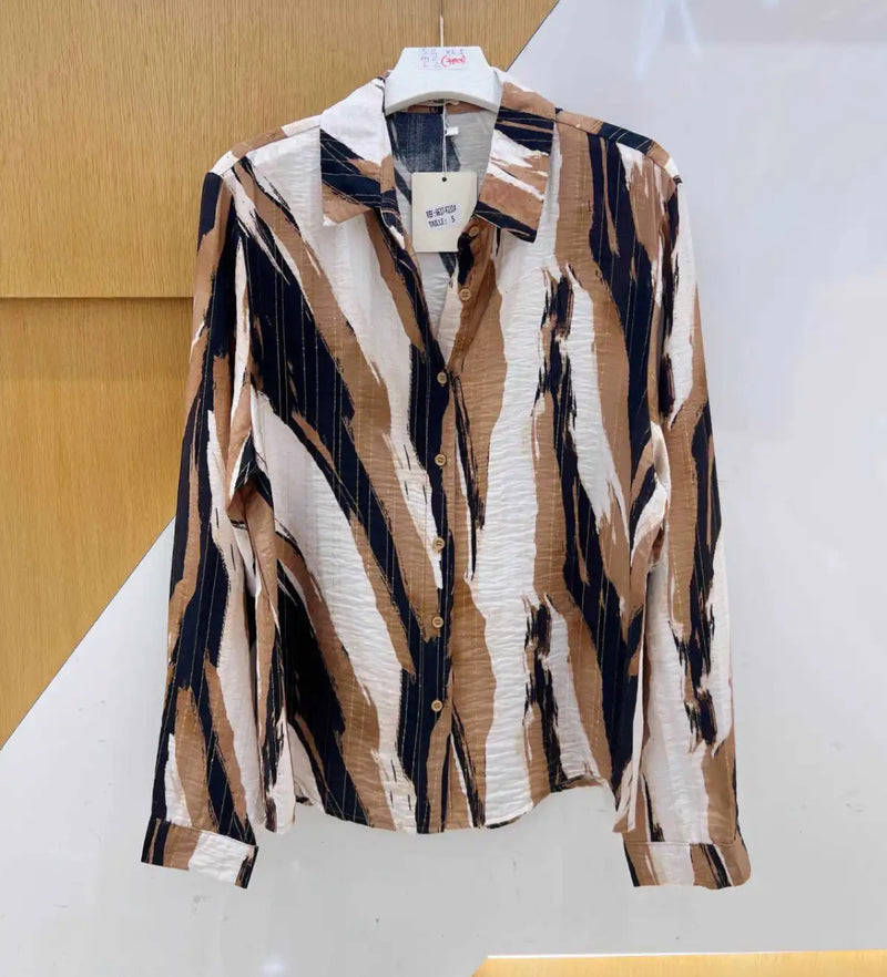 Vicky - Camel/Cream  Print Shirt