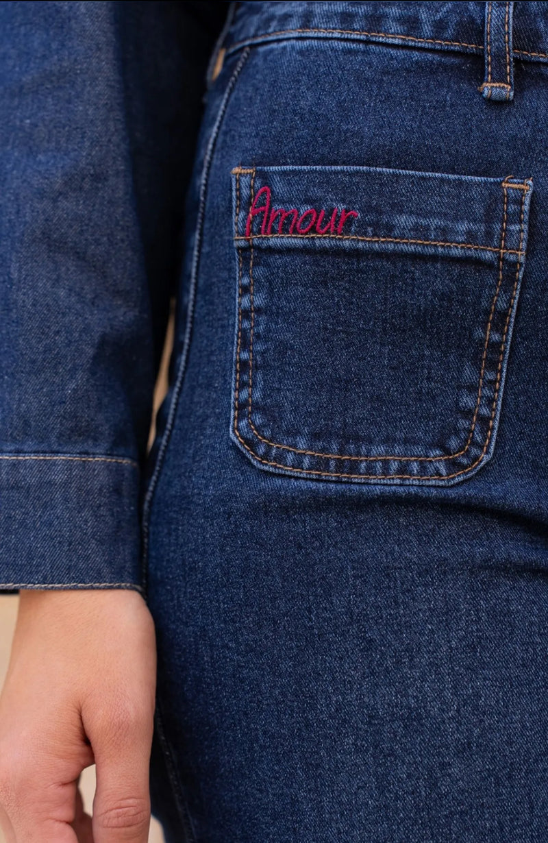 Ella - Blue Stretch Wine  Embroidery Detail Denims