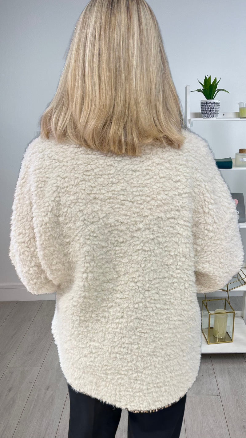 Stella - Cream Teddy Jacket with Leopard Trim Detail