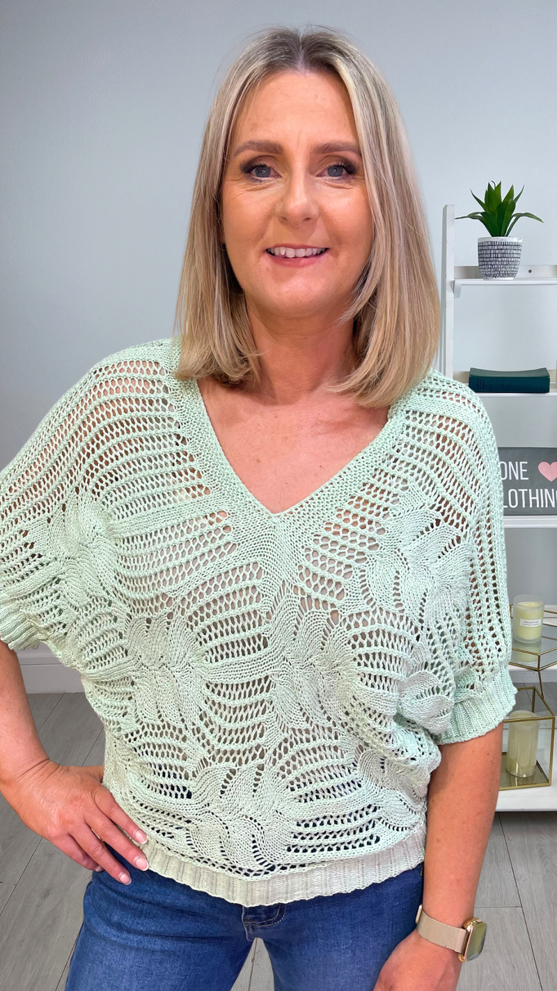 Chloe - Mint Open Knit Batwing Top