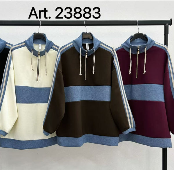 Nola - Wine Contrast Denim Panel Sweatshirt
