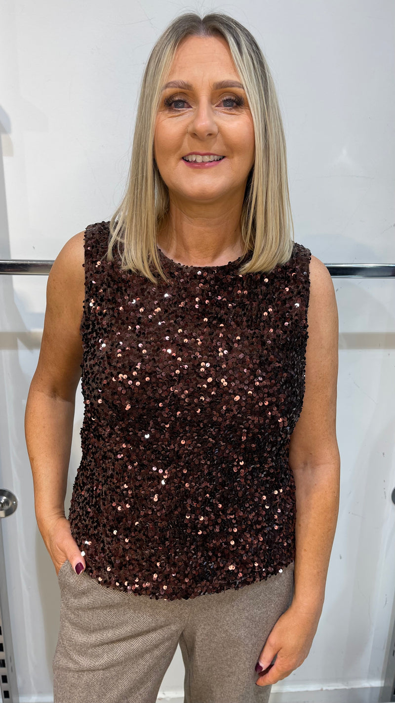 Shona - Sequin Tie Back Detail Top Brown