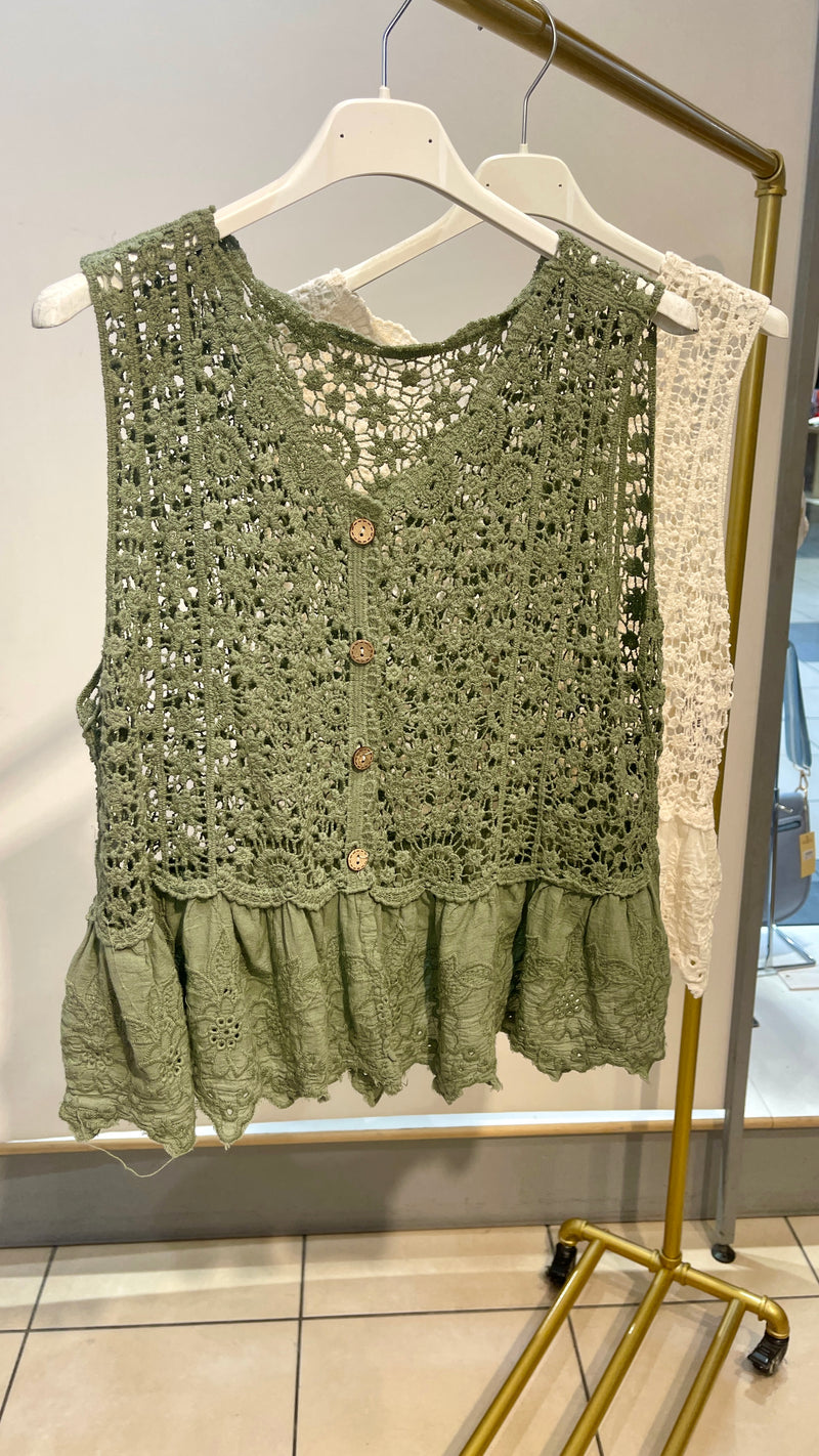 Lennon- Khaki Crochet Button Waistcoat