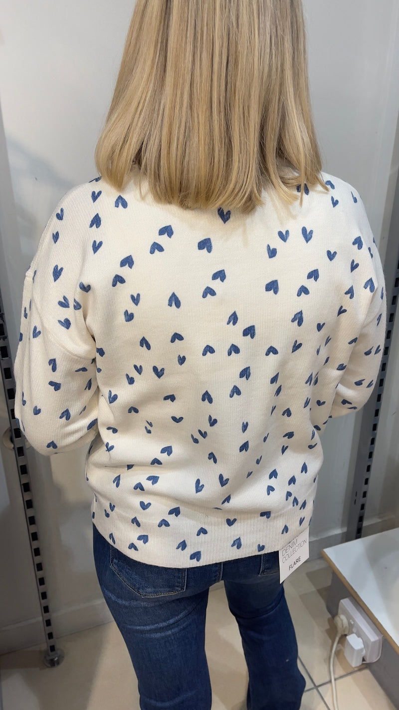 Vera - Blue Heart Print Fine Knit Jumper