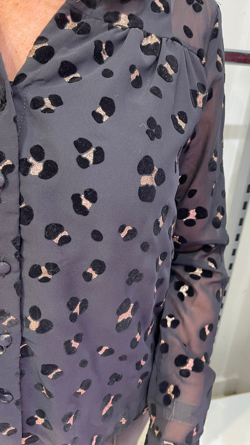 Isla - Black/Gold Flocked Ruffle Neck Top