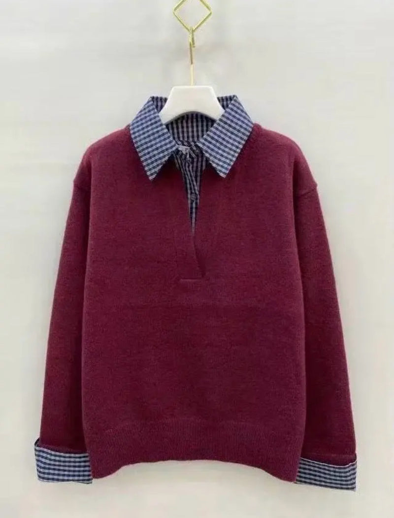 Aoife - Wine Two in One Gingham Shirt  Knit