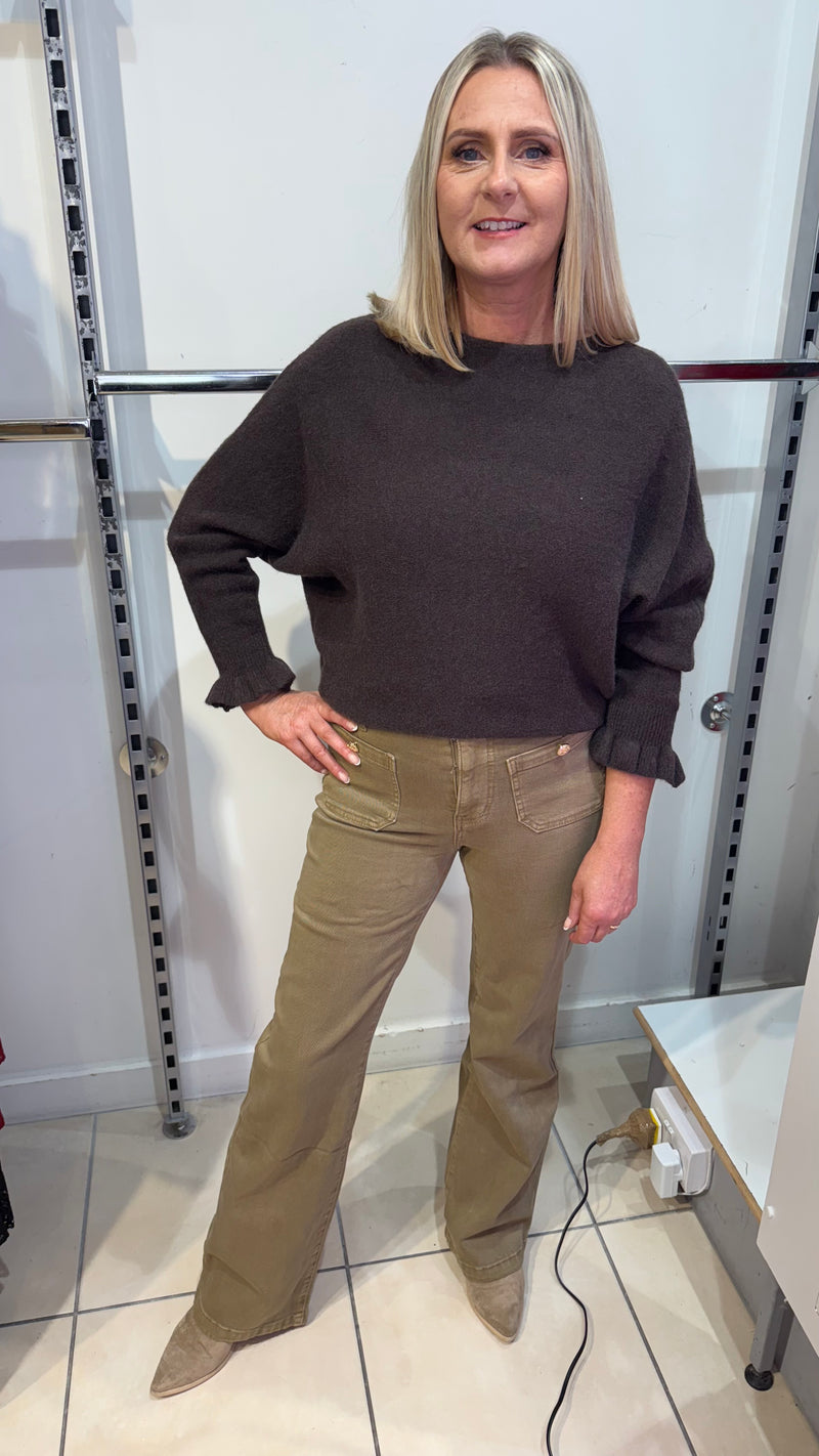 Anne -  Frill Sleeve Soft Stretch Jumper Brown