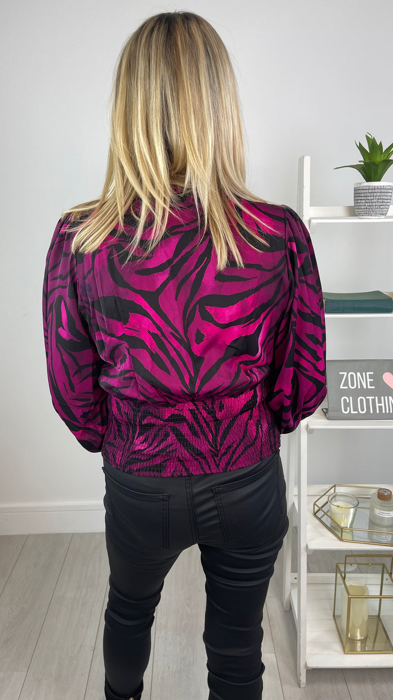 Gina - Wine Zebra   Print Cross Over Effect Top