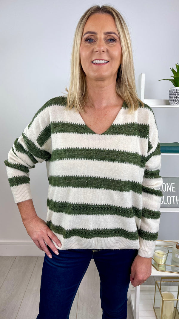 Suzie - Green/Cream Crochet Stripe V Neck Knit