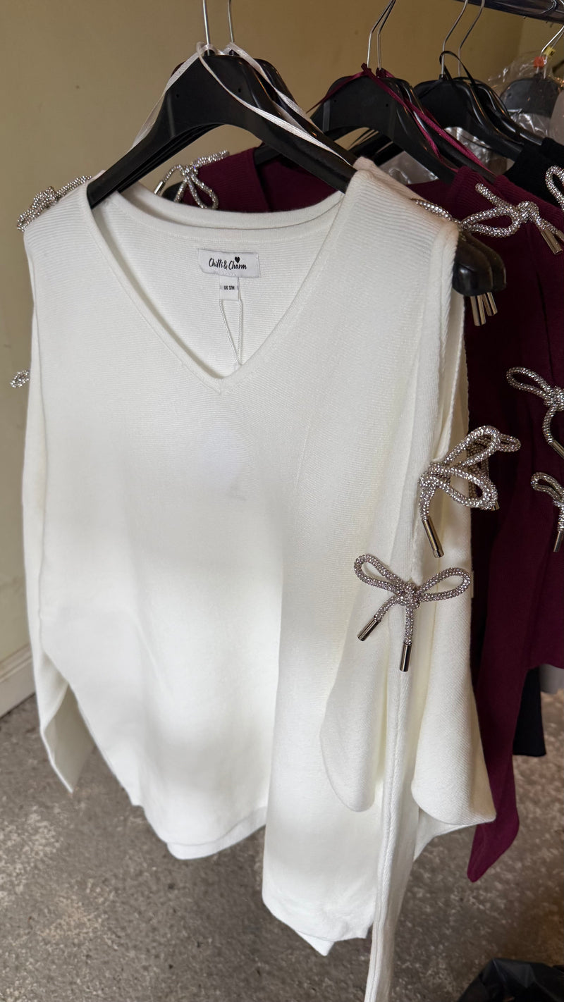 Evie - White Diamonte Sleeve Knit