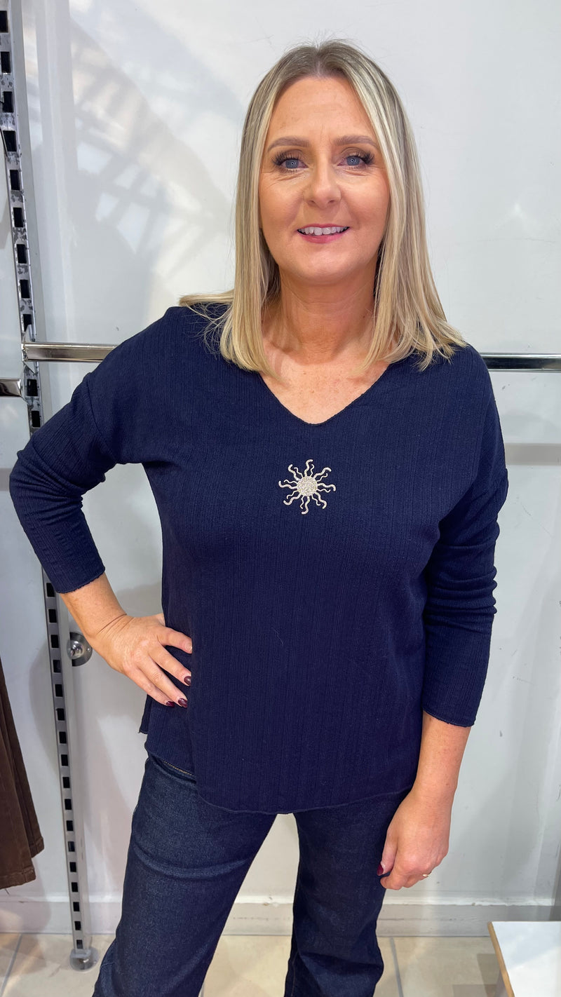 Sue - Navy V Neck Gold Sun Logo Top