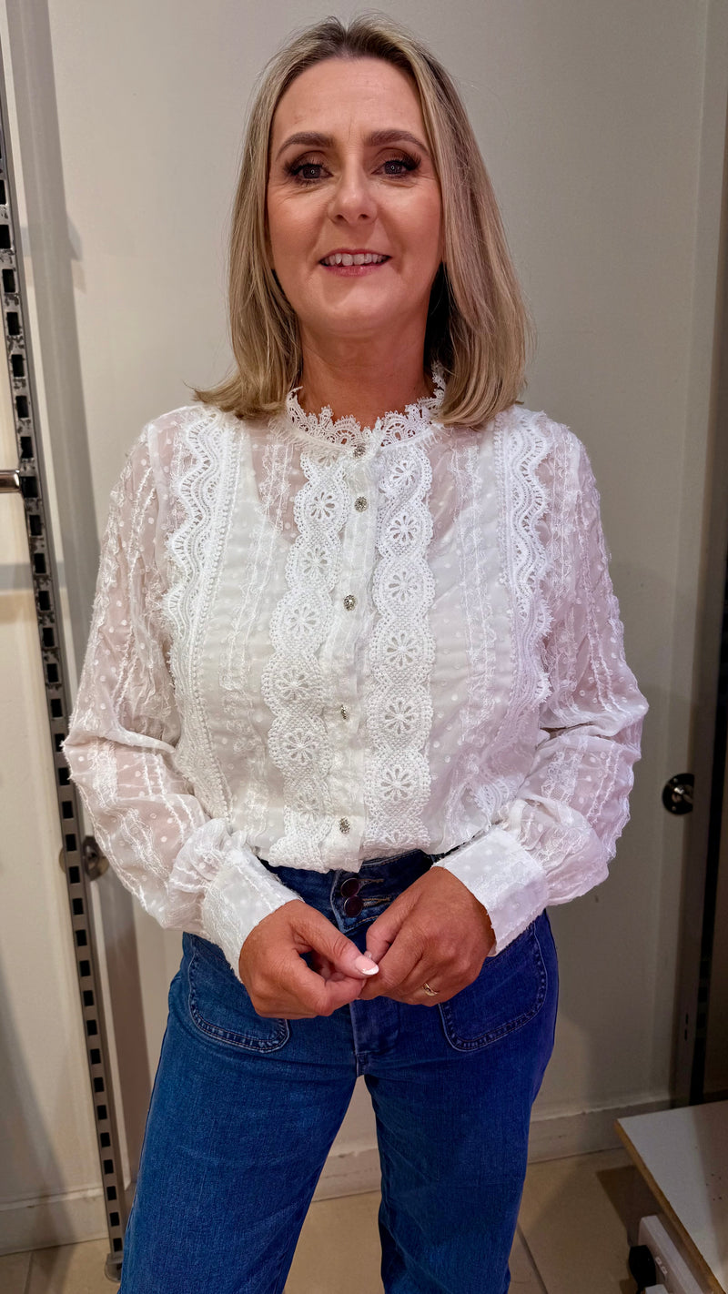 Edwina - White Crochet Top with Diamante Buttons