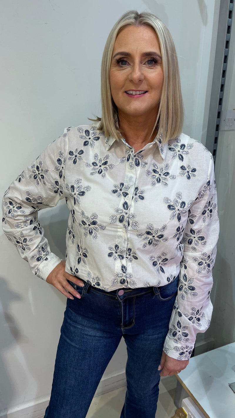 Jodie - White/Navy Embroidery Cotton Shirt