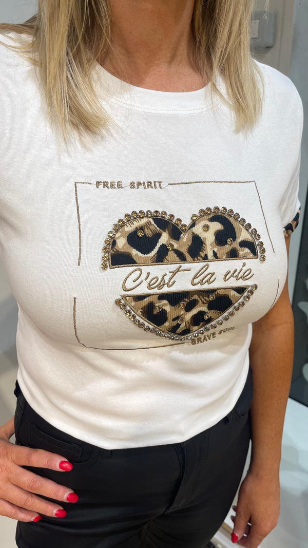 Zoe - White Leopard Diamonte Heart Logo Tee