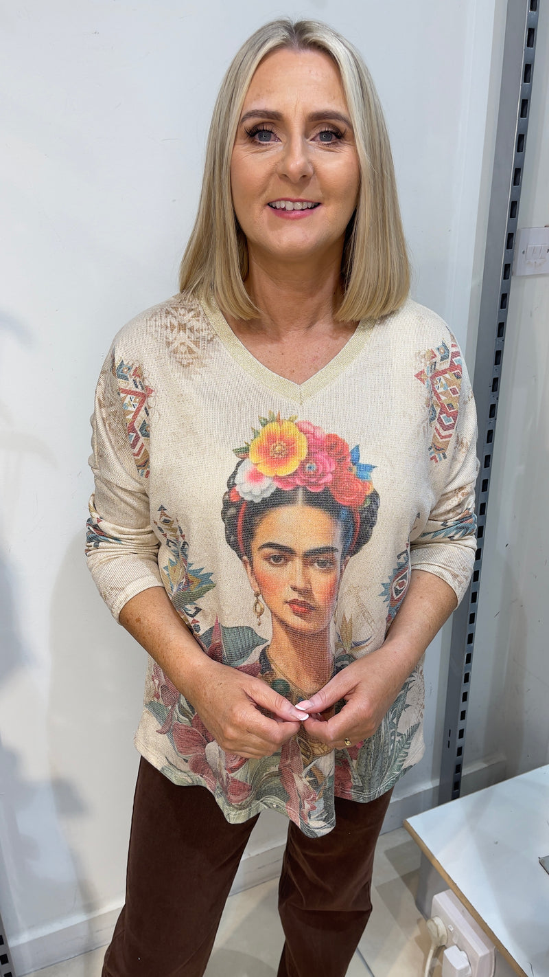 Sofia - Gold Lurex Thread Face Print Top