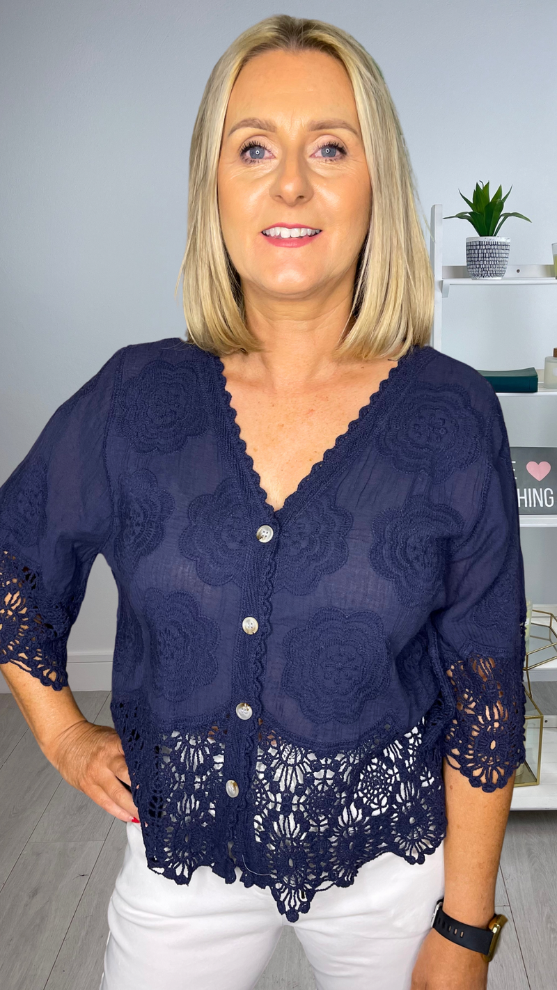 Zara - Navy Embroidery/Crochet Button Cardigan