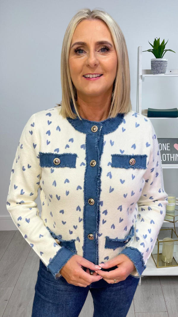 Joey - Heart Button Knit Denim Trim Cardigan