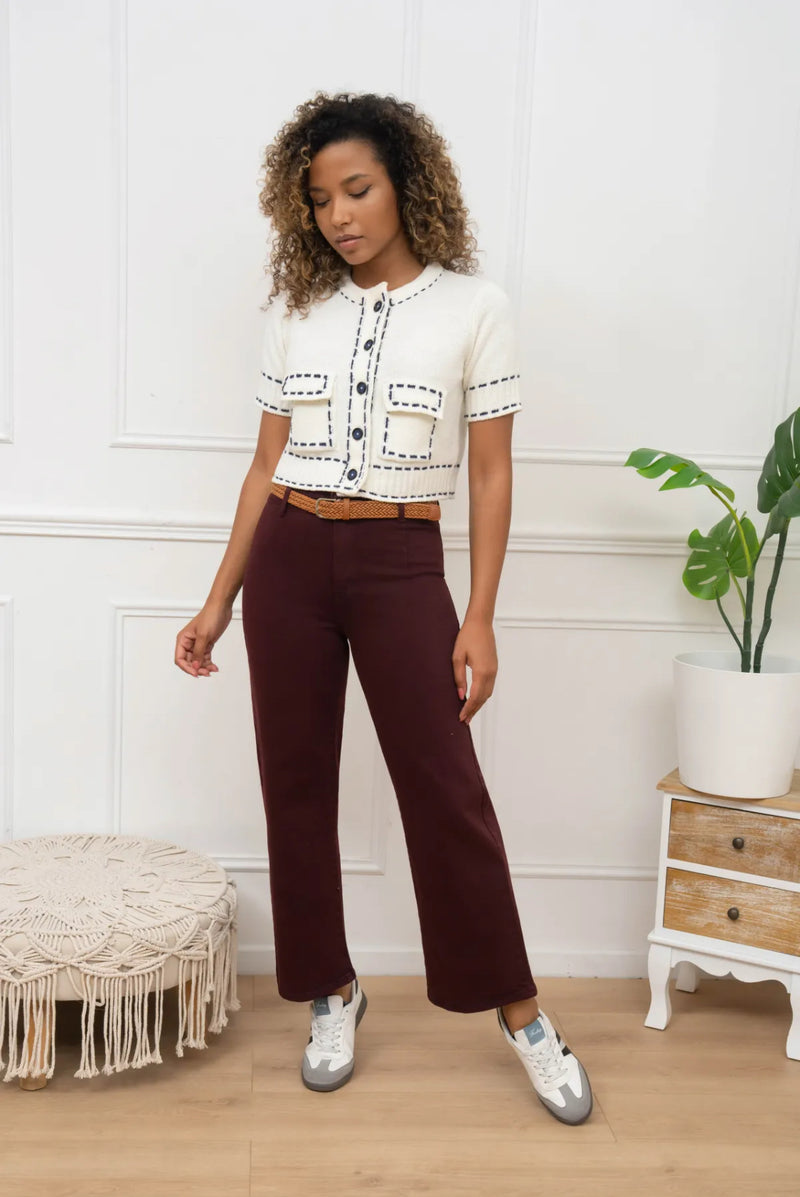 Jake - Wine Belted Cropped Jeans
