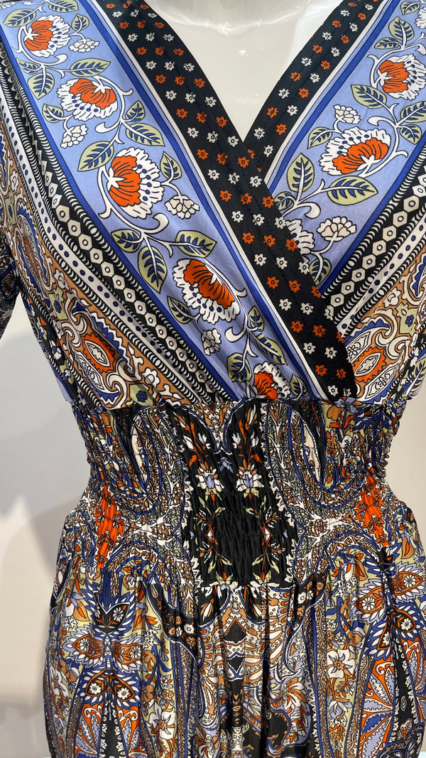 Cara - Blue/Black Paisley Print shirred Waist Jumpsuit