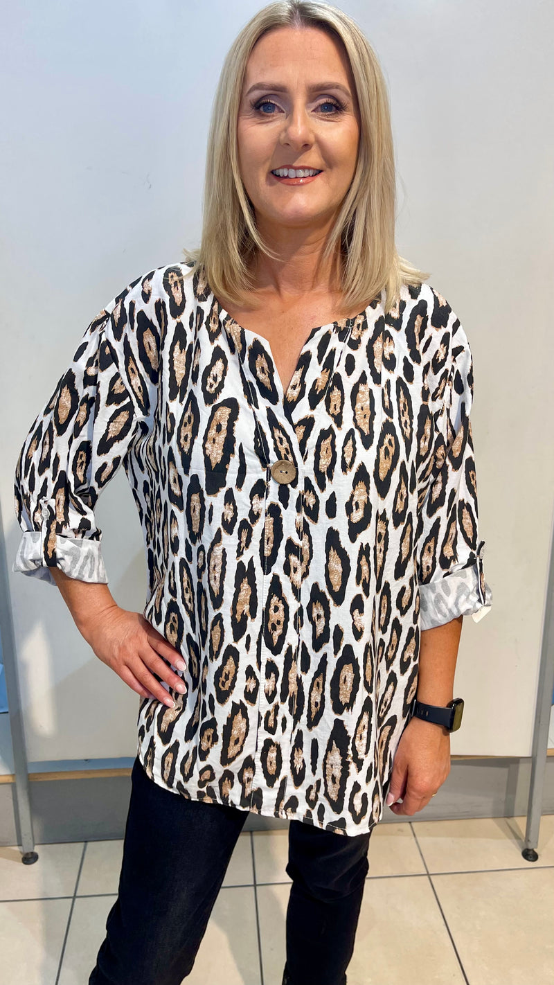 Abbie - White Leopard Print Button Top