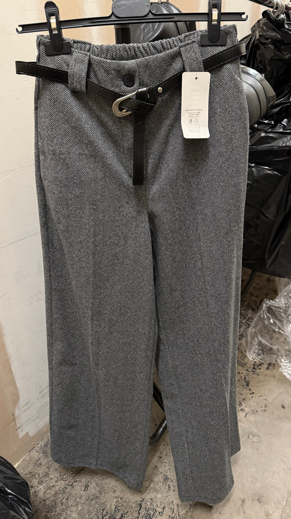 Ben - Grey Herringbone Wide Belted Trousers