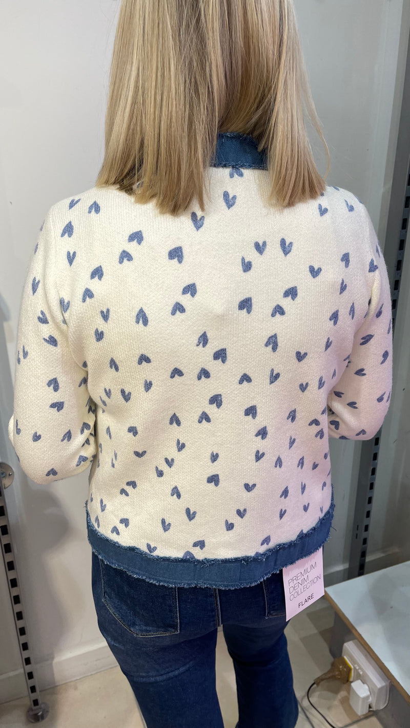 Joey - Heart Button Knit Denim Trim Cardigan
