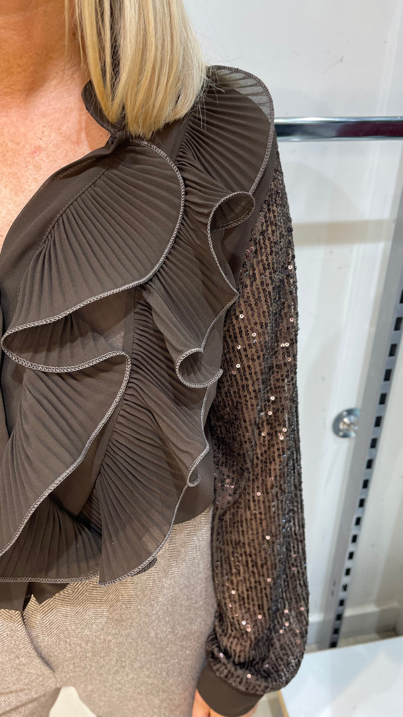 Olivia - Brown Ruffle Sequin Sleeve Blouse