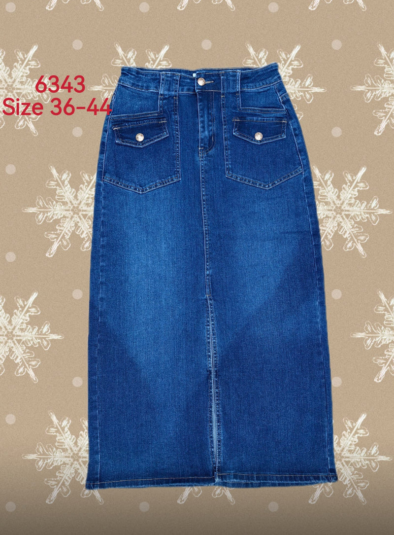 Olivia- Dark Blue Stretch Denim Pocket Skirt