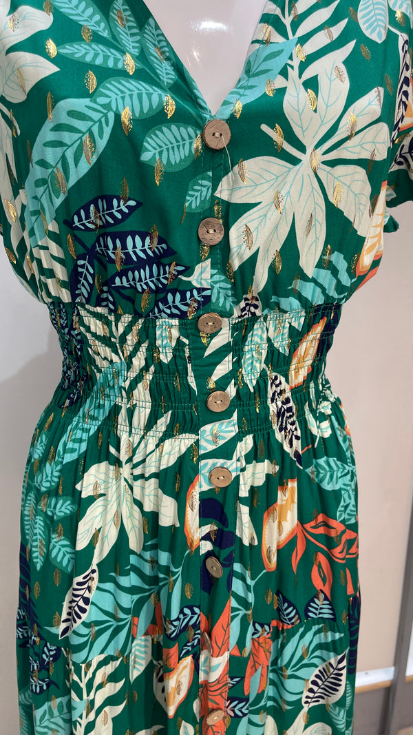 Mona - Green Tropical print V Neck maxi Dress