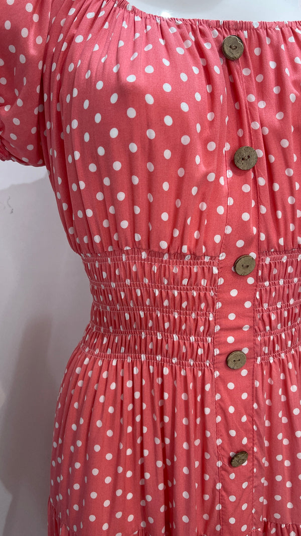 Chloe - Light Coral Polka Dot Button Maxi Dress