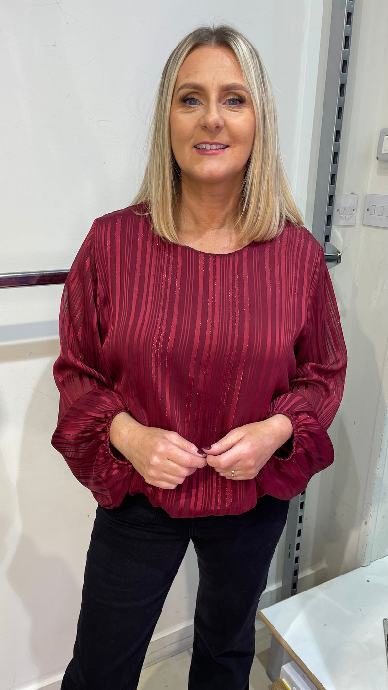 Nellie -  Wine Lurex Thread Stripe Round Neck Blouse
