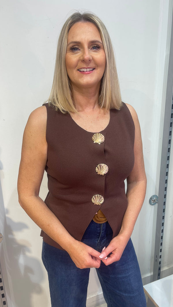 Una - Brown Gold Shell Button Knit waistcoat