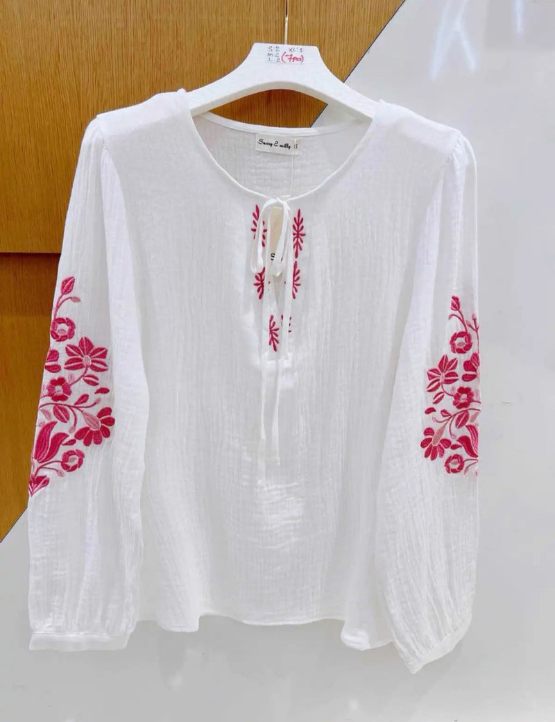 Annabelle - White/Pink Embroidered Cotton Top