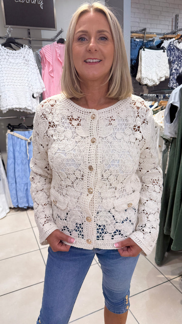 Kayleigh - Beige Crochet Gold Button Cardi