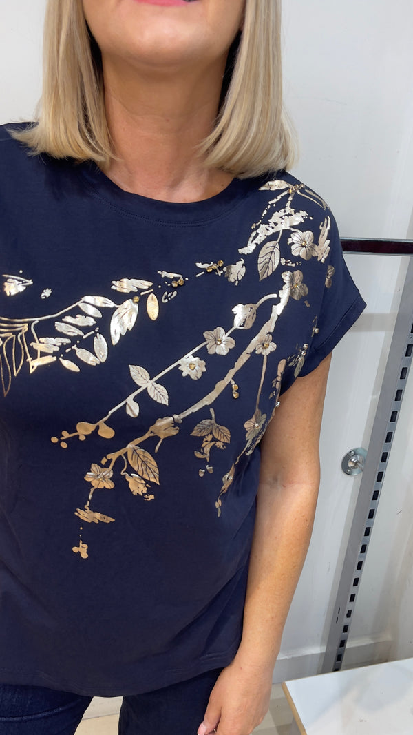Liv - Navy Gold Foil Diamente T-Shirt