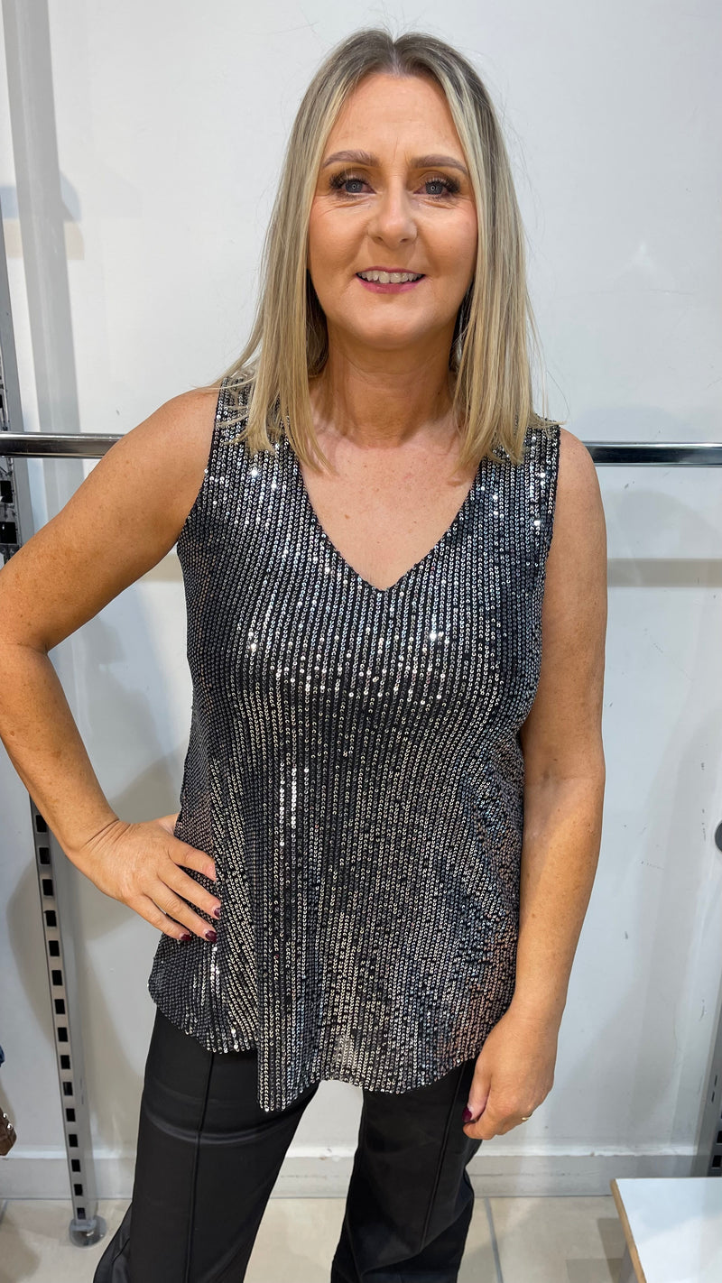 Sienna - Black/Silver Sequin Lined Sleeveless Top
