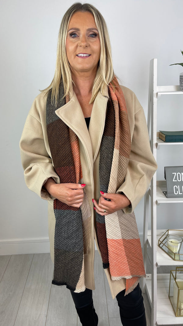 Mandy - Orange/Beige Check Winter Scarf