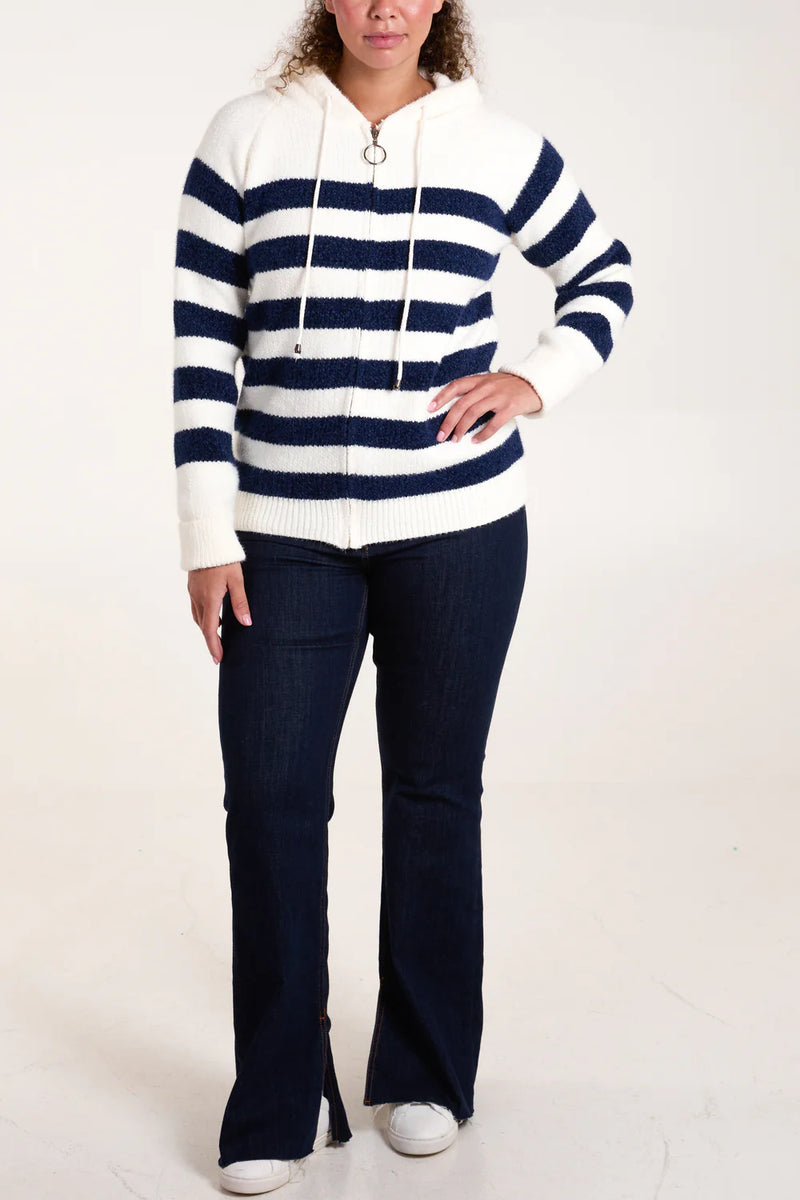Abbie - Navy/Cream Zipped Hooded Knit