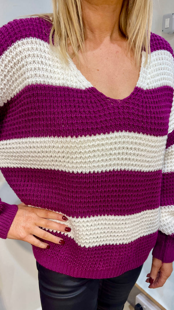 Tara - Magenta Stripe Knit Jumper