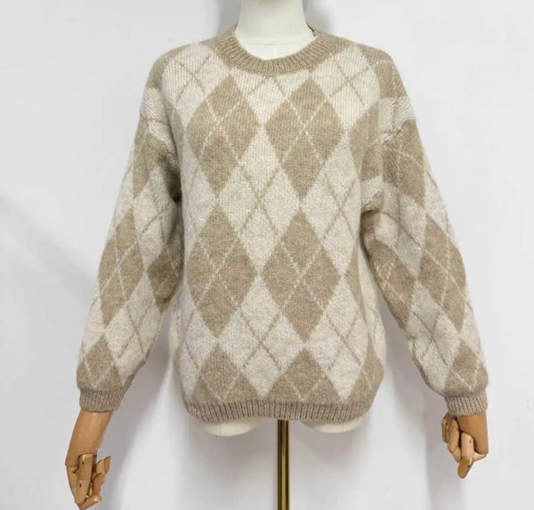Lulu - Beige/Cream Diamond Knit Jumper