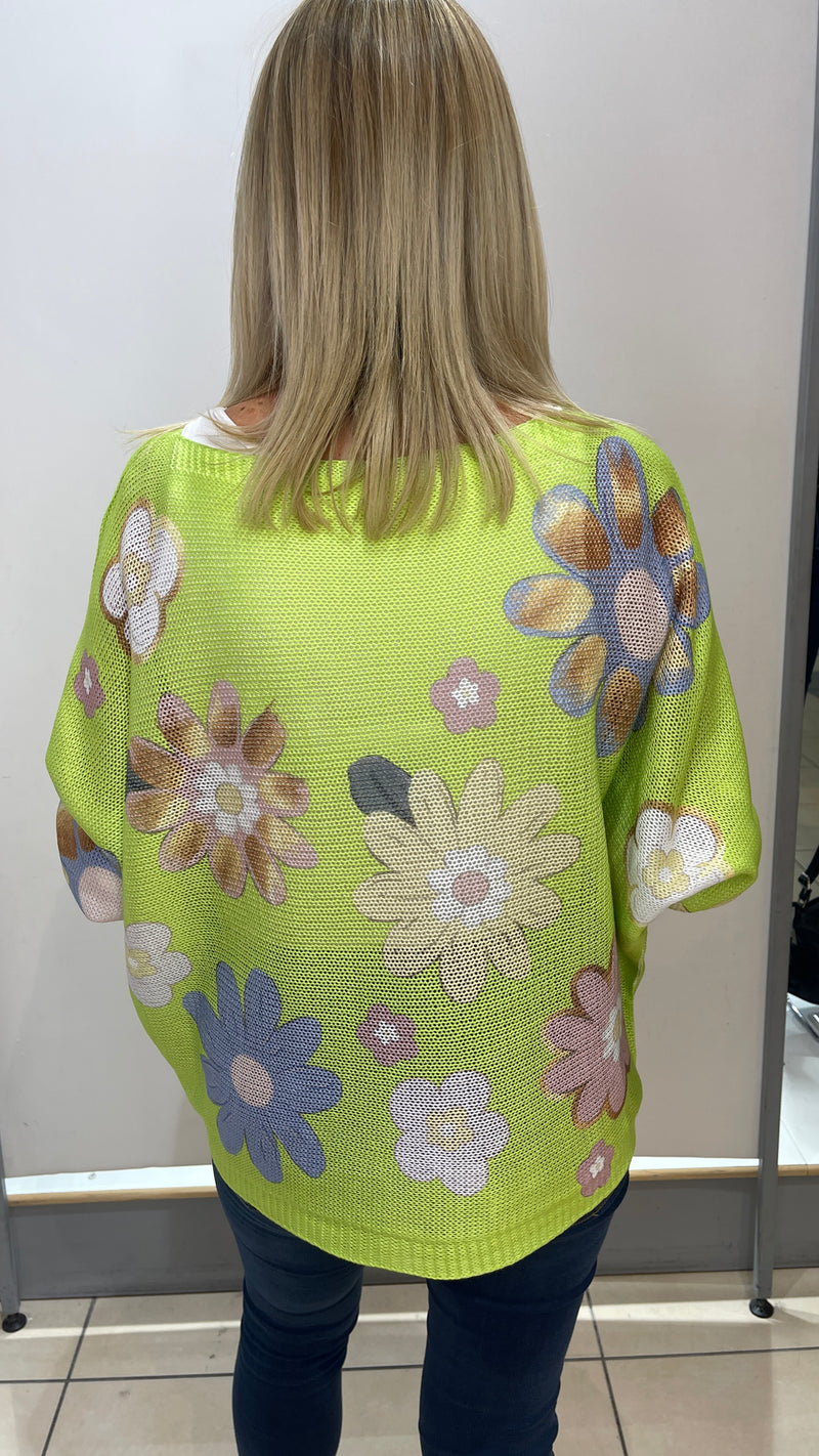 Joey - Lime Floral Print Fine Knit Top