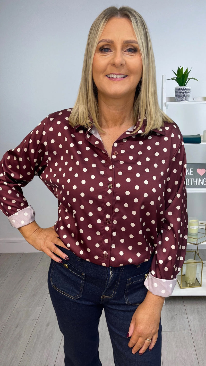 Jill - Wine Polka Dot Satin Look Shirt